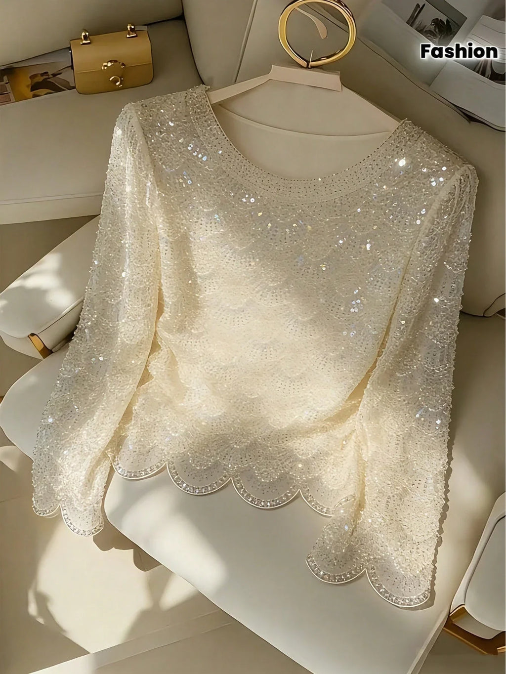 Women's Handmade Faux Pearl Tassel Semi-Sheer Blouse