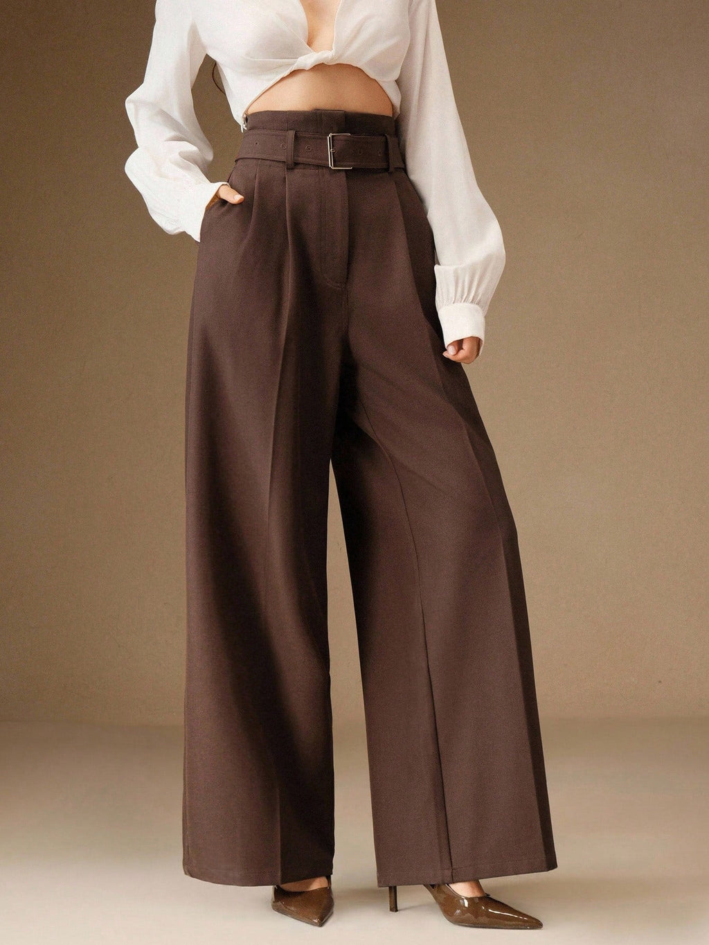 Women's Solid Color Pleated Wide Leg Pants