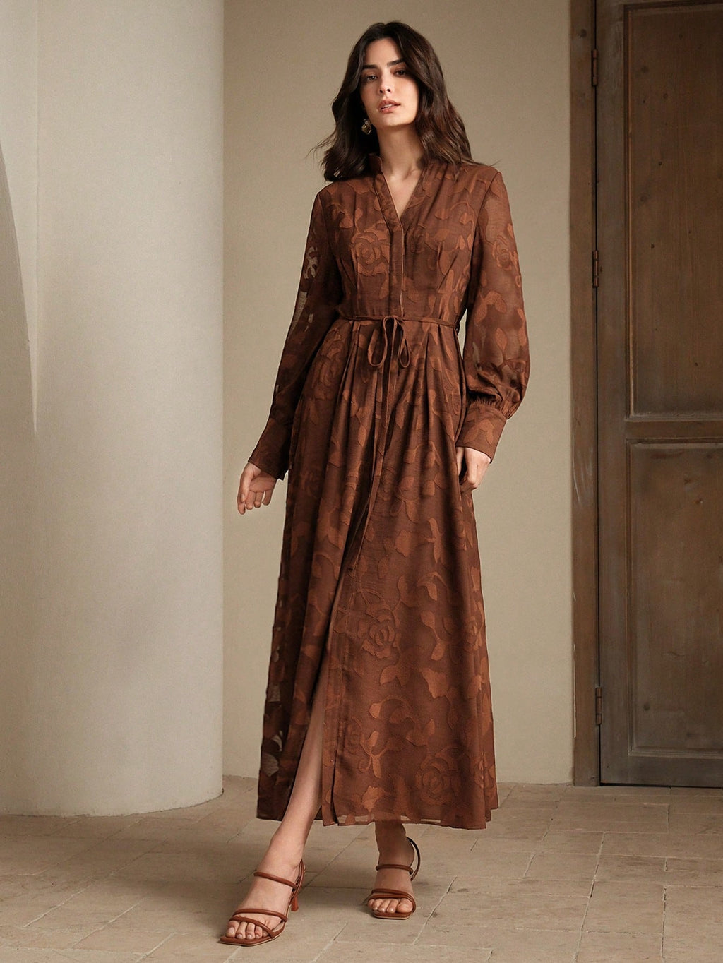 Elegant Floral V-Neck Lantern Sleeve Waist Cinched Dress