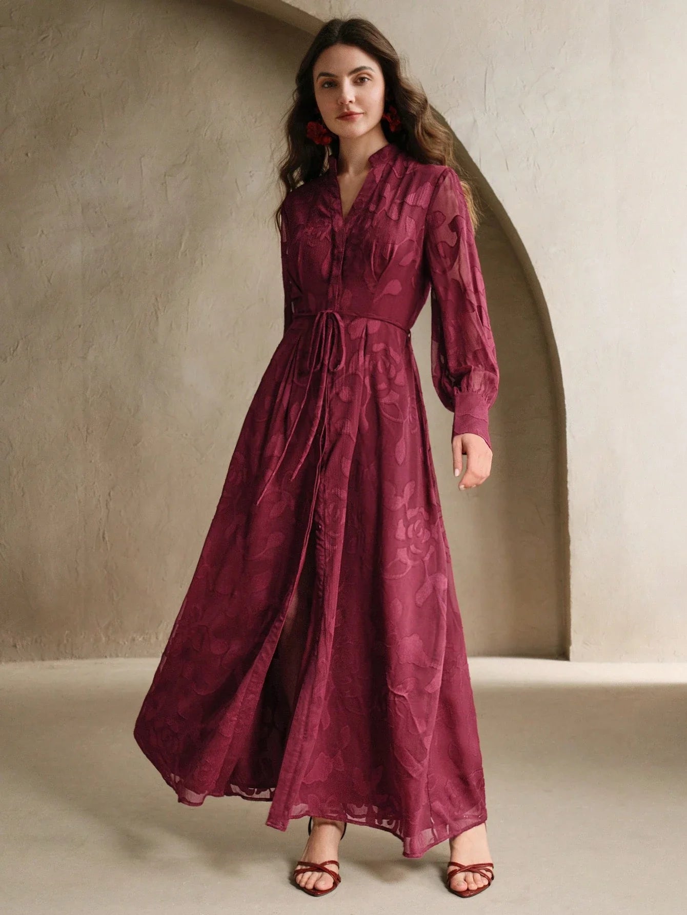 Elegant Floral V-Neck Lantern Sleeve Waist Cinched Dress