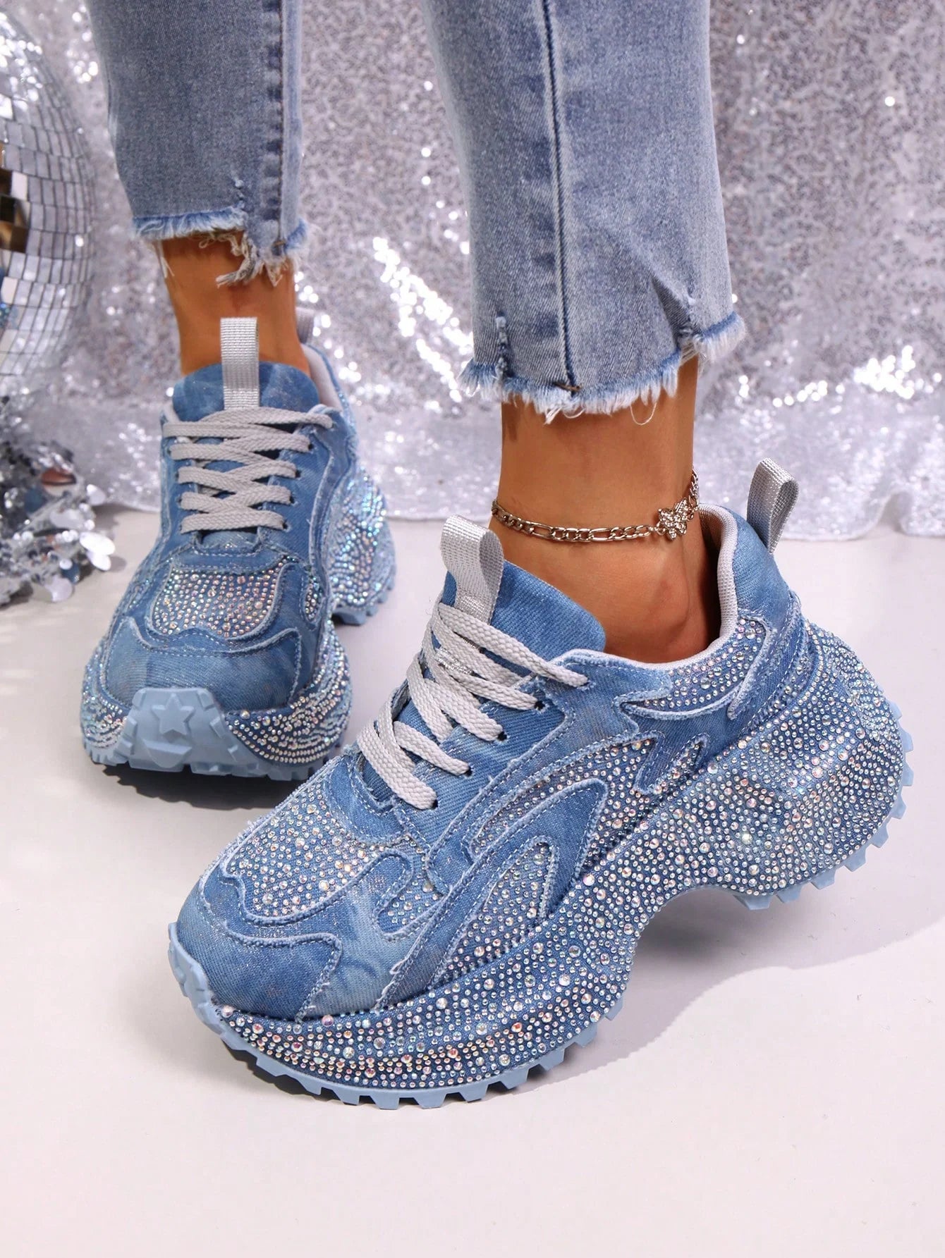 Heavy Washed Rhinestone Embellished Chunky Sneakers
