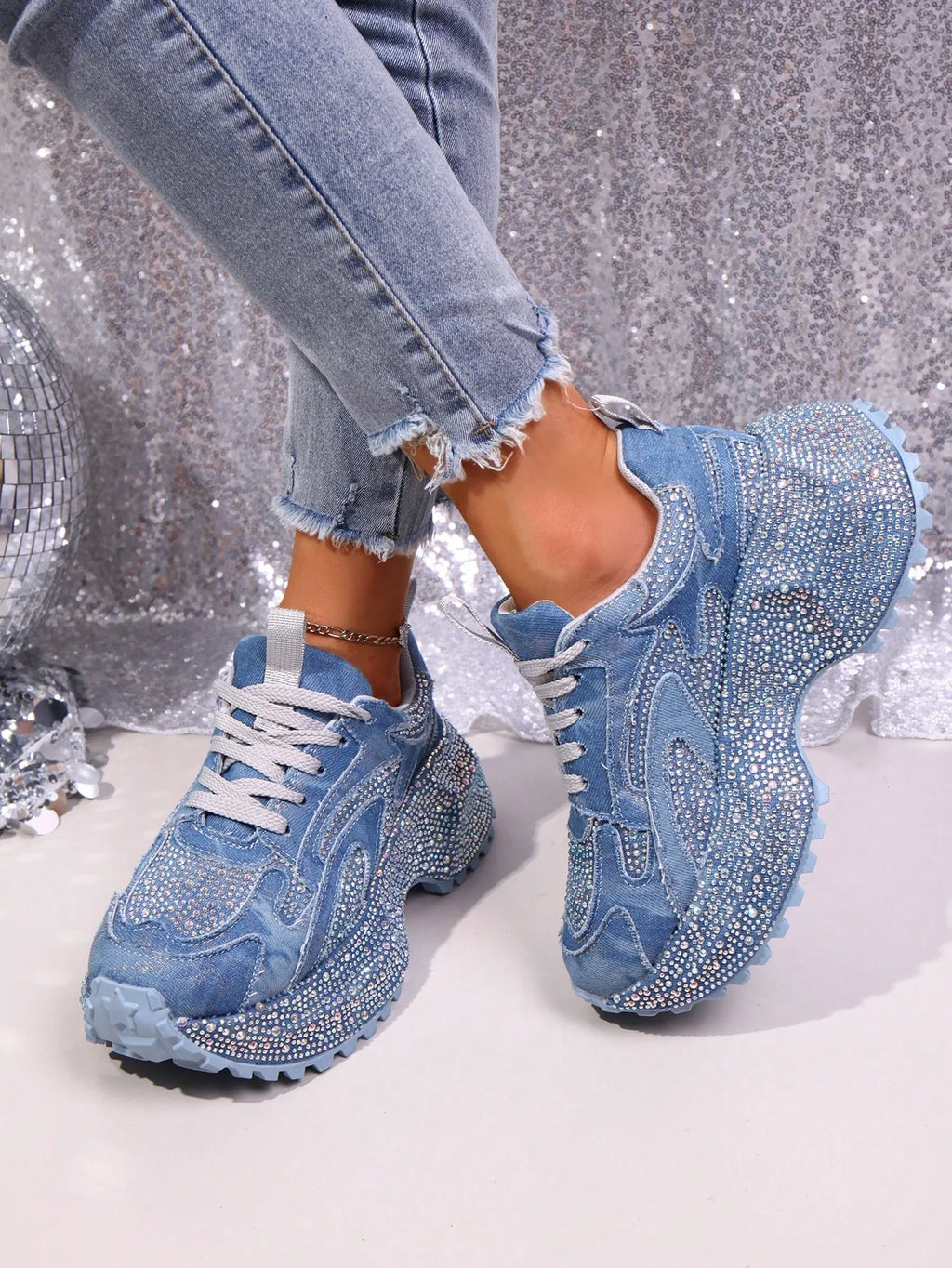 Heavy Washed Rhinestone Embellished Chunky Sneakers