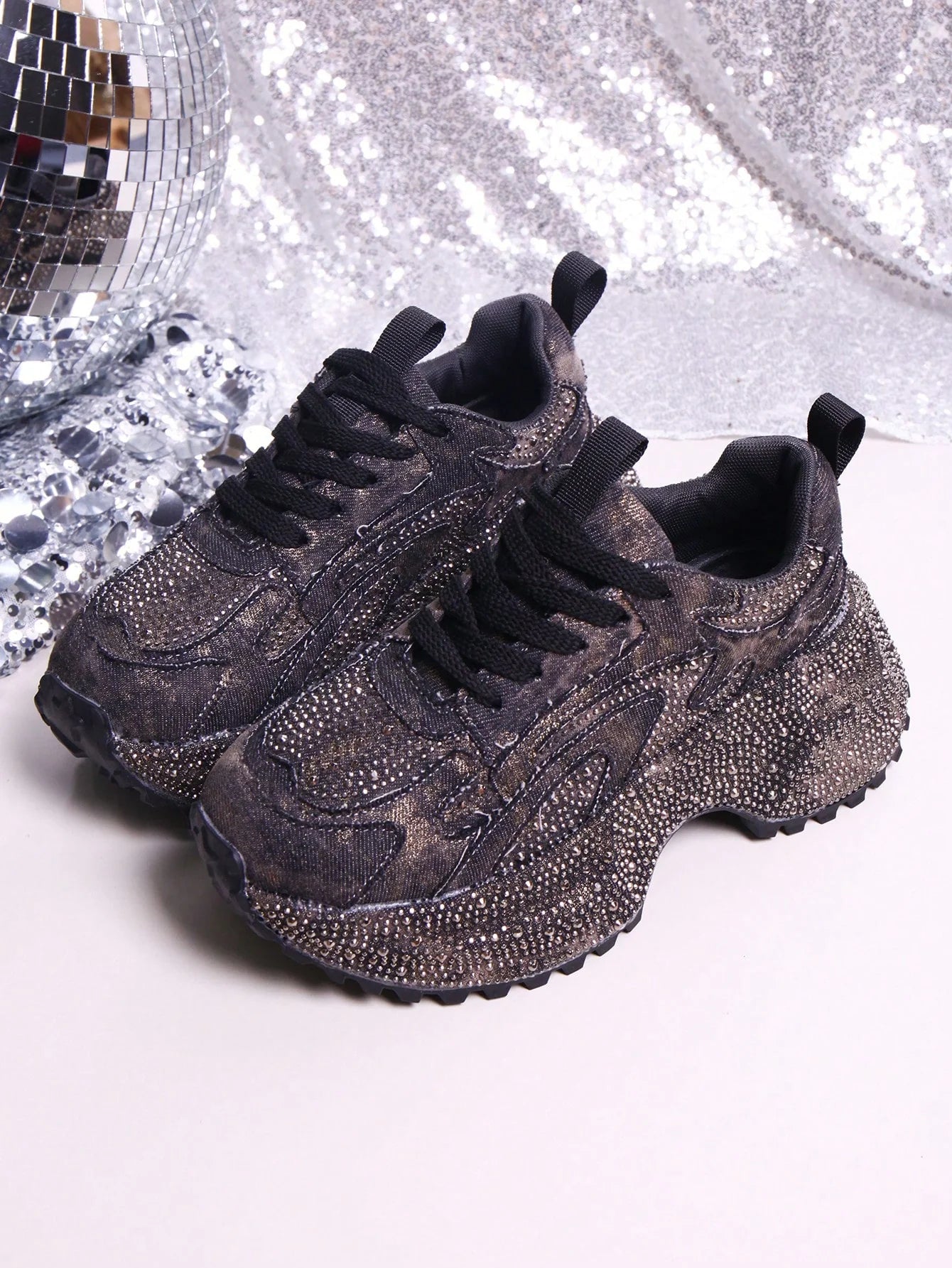 Heavy Washed Rhinestone Embellished Chunky Sneakers