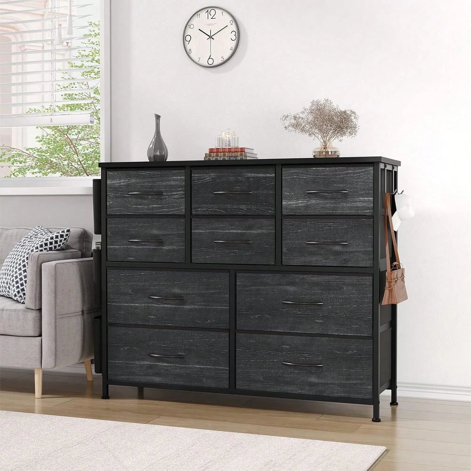 10 Drawer Fabric Storage Cabinet With Side Pockets & Hooks