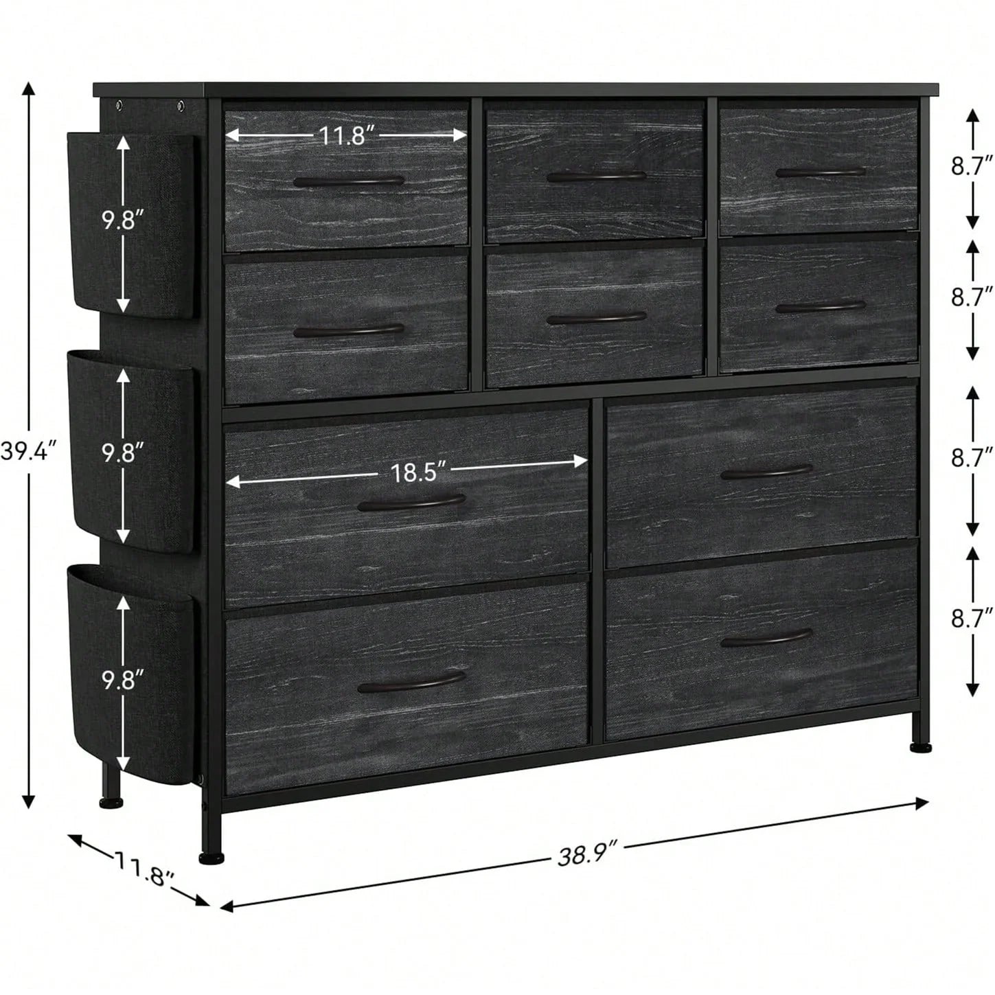 10 Drawer Fabric Storage Cabinet With Side Pockets & Hooks