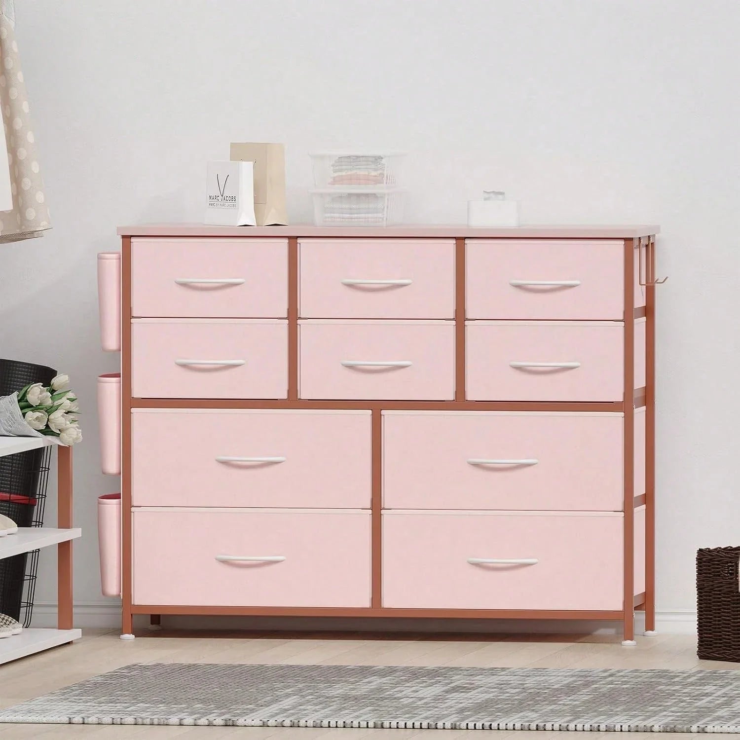 10 Drawer Fabric Storage Cabinet With Side Pockets & Hooks